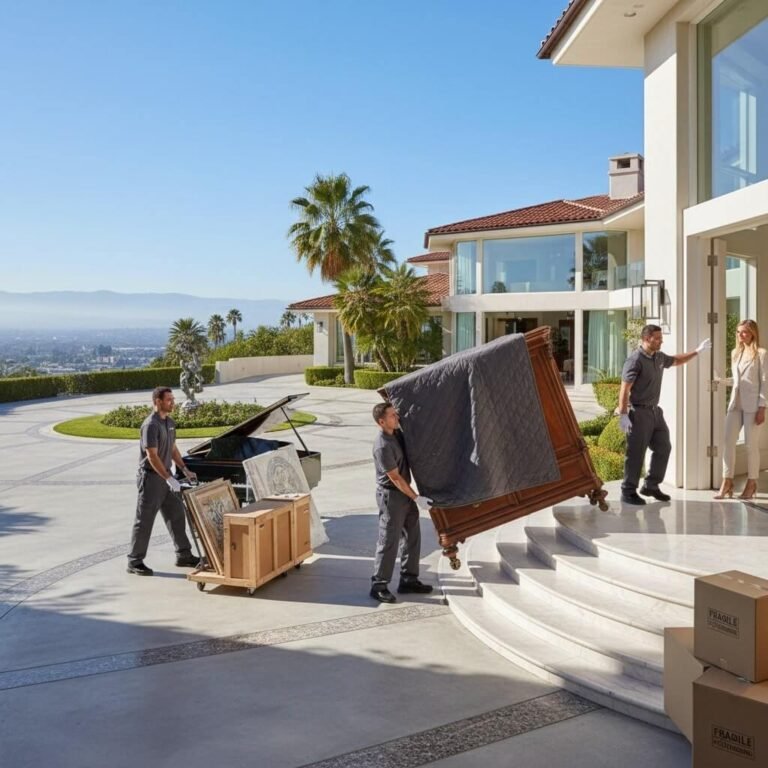 White glove movers moving furniture into luxury residential home Los Angeles