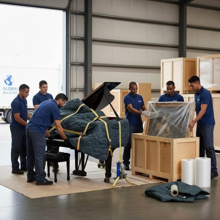 White glove movers carefully handling specialty items piano antiques
